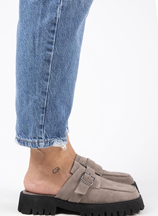 Manijero Kiem Kadın Köşeli Hakiki Deri Sabo Vizon Terlik - Görsel 3