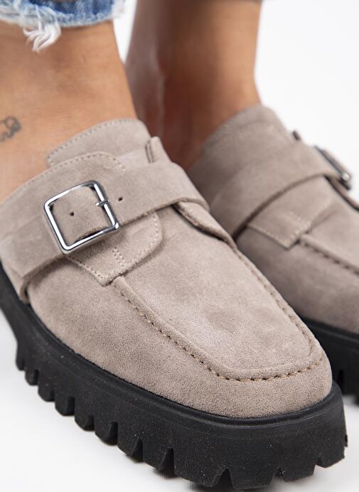 Manijero Kiem Kadın Köşeli Hakiki Deri Sabo Vizon Terlik - Görsel 5