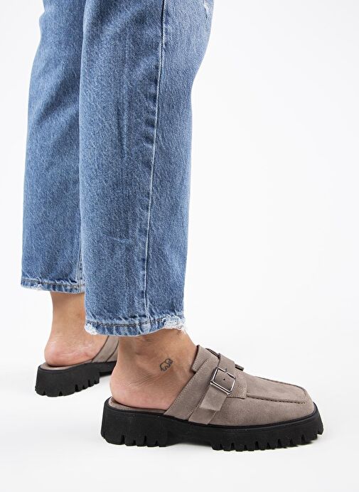 Manijero Kiem Kadın Köşeli Hakiki Deri Sabo Vizon Terlik - Görsel 8