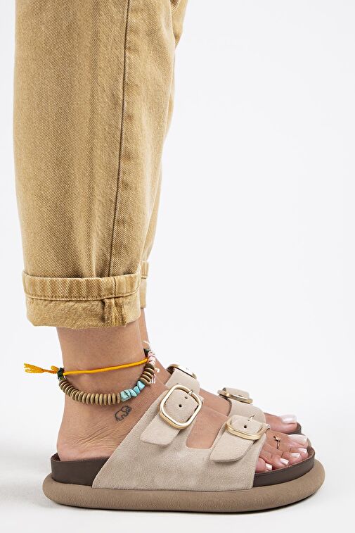 Manijero Bej Kadın Deri Terlik MNJ.129.01 - Görsel 2