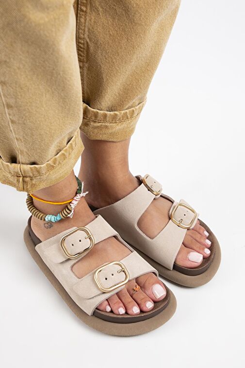 Manijero Bej Kadın Deri Terlik MNJ.129.01 - Görsel 4