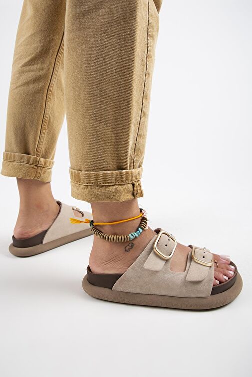 Manijero Bej Kadın Deri Terlik MNJ.129.01 - Görsel 7