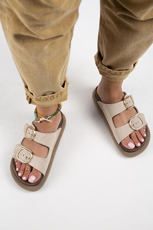 Manijero Bej Kadın Deri Terlik MNJ.129.01 - Görsel 8