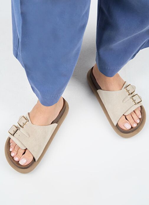 Manijero Lirio Kadın Hakiki Deri Tek Bant Çift Tokalı Bej Terlik - Görsel 7