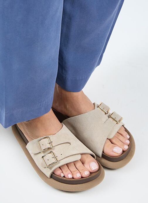 Manijero Lirio Kadın Hakiki Deri Tek Bant Çift Tokalı Bej Terlik - Görsel 5