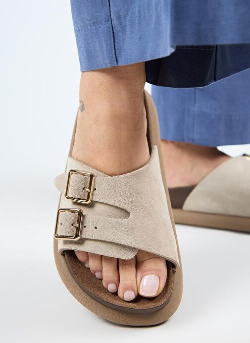 Manijero Lirio Kadın Hakiki Deri Tek Bant Çift Tokalı Bej Terlik - Görsel 8