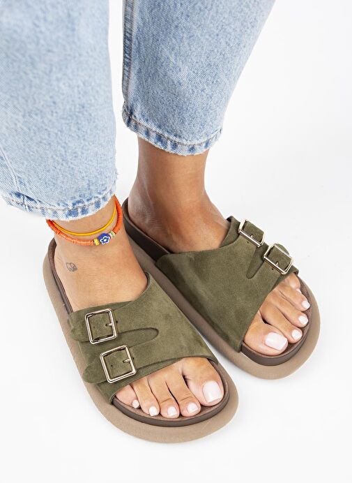 Manijero Haki Kadın Süet Terlik MNJ.132.04 - Görsel 2