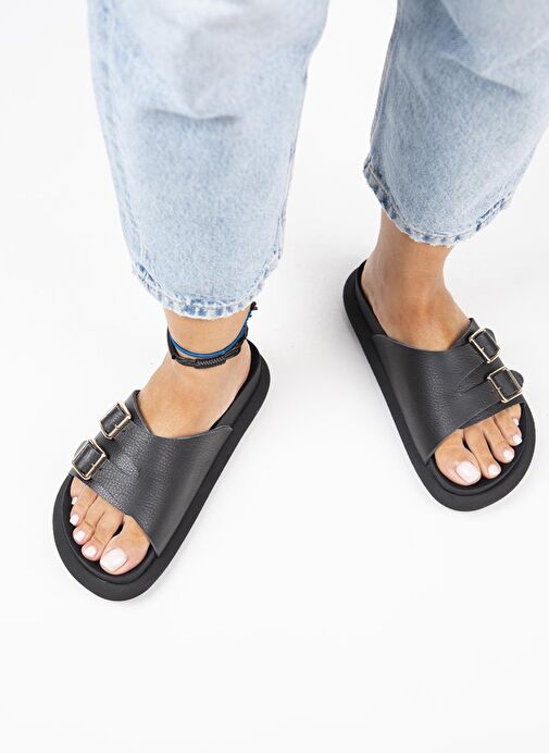 Manijero Siyah Kadın Deri Terlik MNJ.132.05 - Görsel 8