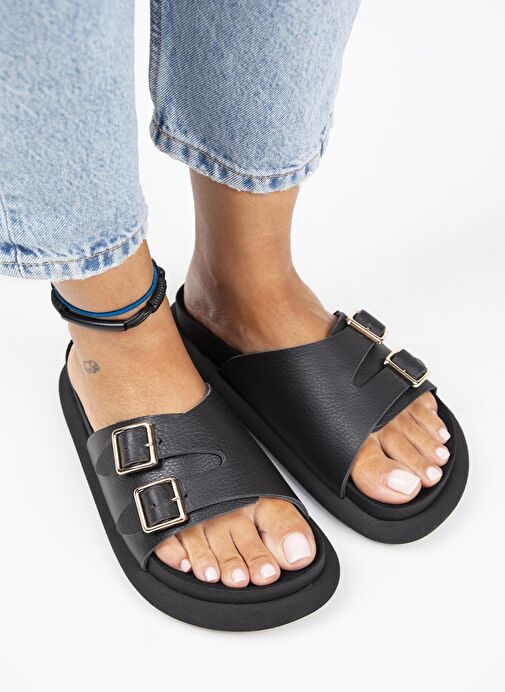 Manijero Siyah Kadın Deri Terlik MNJ.132.05 - Görsel 2