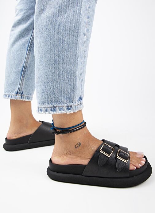 Manijero Siyah Kadın Deri Terlik MNJ.132.05 - Görsel 7