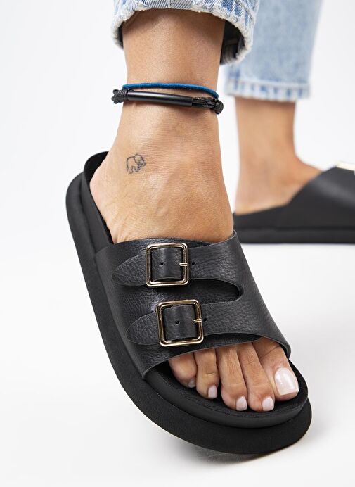 Manijero Siyah Kadın Deri Terlik MNJ.132.05 - Görsel 6