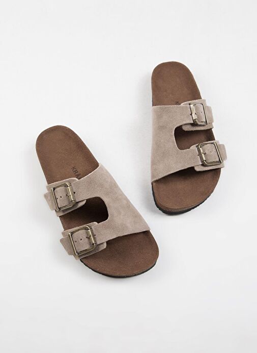 Krahe Jose Erkek Hakiki Deri Çift Tokalı Vizon Terlik - Görsel 6