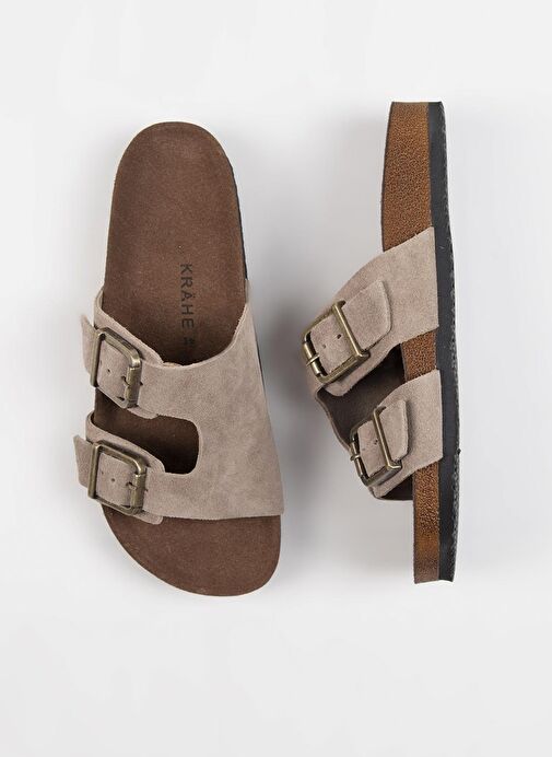 Krahe Jose Erkek Hakiki Deri Çift Tokalı Vizon Terlik - Görsel 3