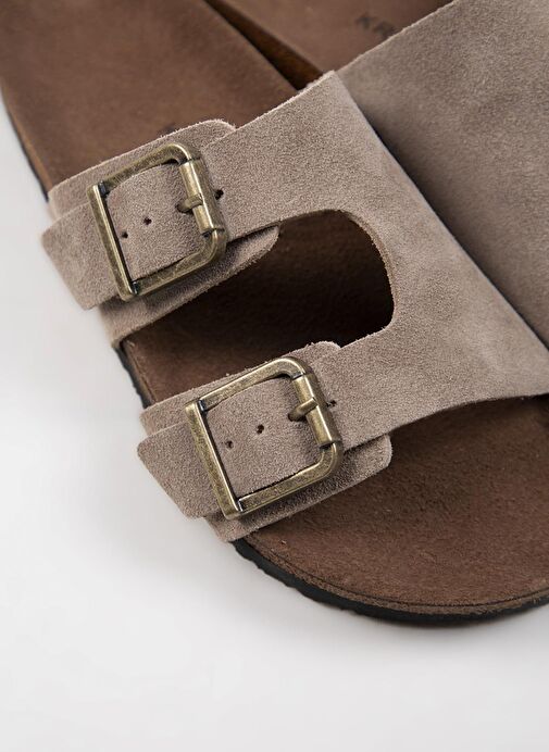 Krahe Jose Erkek Hakiki Deri Çift Tokalı Vizon Terlik - Görsel 5