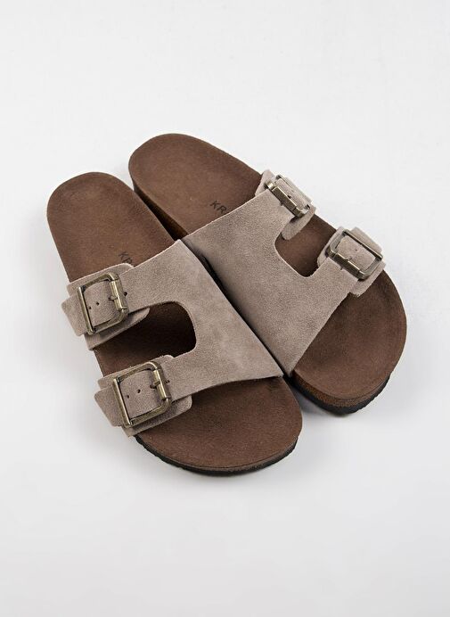 Krahe Jose Erkek Hakiki Deri Çift Tokalı Vizon Terlik - Görsel 4