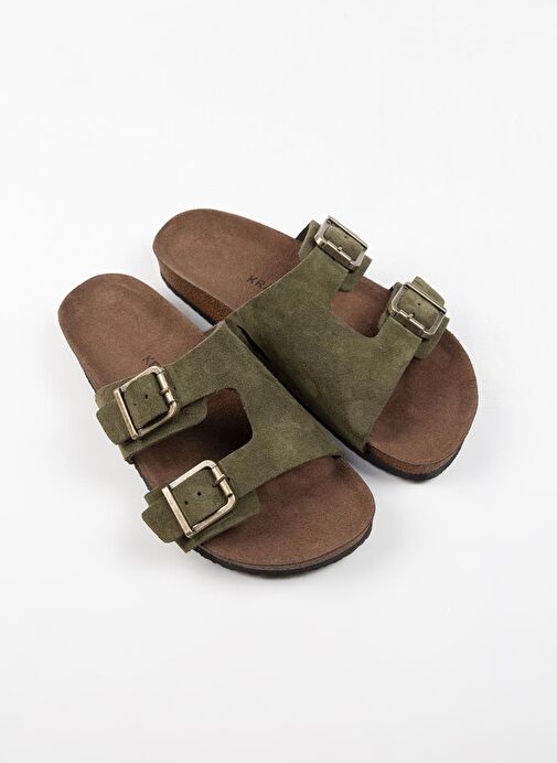 Krahe Jose Erkek Hakiki Deri Çift Tokalı Haki Terlik - Görsel 4