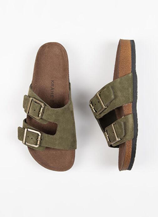 Krahe Jose Erkek Hakiki Deri Çift Tokalı Haki Terlik - Görsel 3