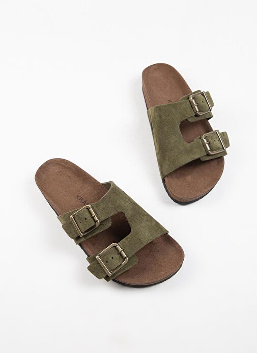 Krahe Jose Erkek Hakiki Deri Çift Tokalı Haki Terlik - Görsel 5