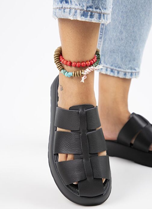 Manijero Rodin Kadın Hakiki Deri Üç Bantlı Sabo Siyah Terlik - Görsel 3