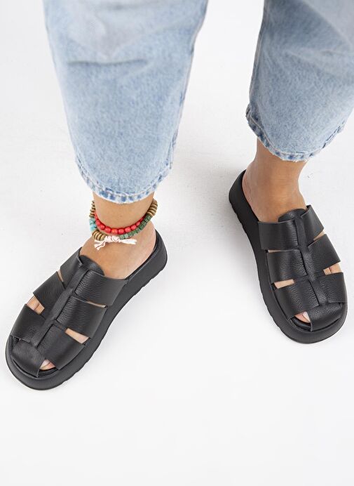 Manijero Rodin Kadın Hakiki Deri Üç Bantlı Sabo Siyah Terlik - Görsel 5