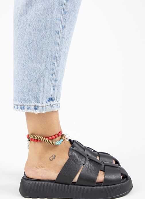 Manijero Rodin Kadın Hakiki Deri Üç Bantlı Sabo Siyah Terlik - Görsel 6