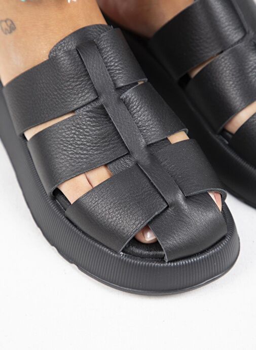 Manijero Rodin Kadın Hakiki Deri Üç Bantlı Sabo Siyah Terlik - Görsel 8