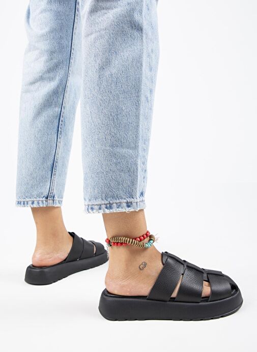 Manijero Rodin Kadın Hakiki Deri Üç Bantlı Sabo Siyah Terlik - Görsel 4