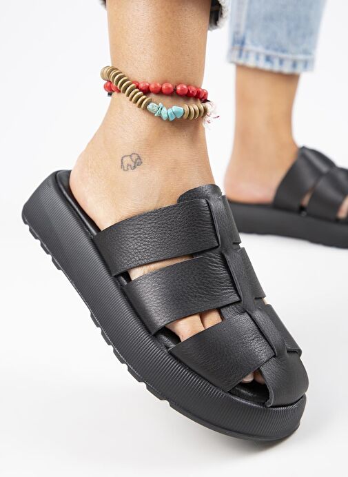 Manijero Rodin Kadın Hakiki Deri Üç Bantlı Sabo Siyah Terlik - Görsel 2