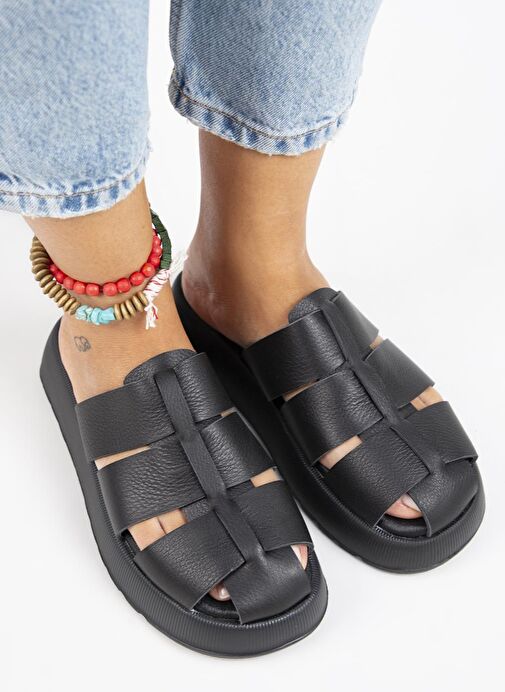 Manijero Rodin Kadın Hakiki Deri Üç Bantlı Sabo Siyah Terlik - Görsel 7