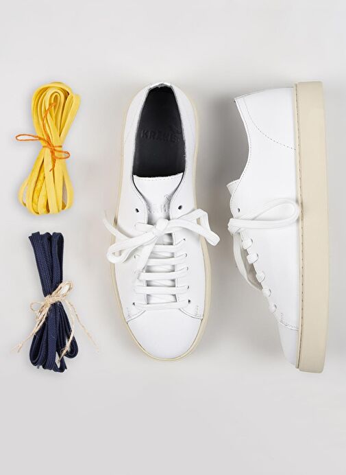 Krahe Ares Erkek Hakiki Deri El Boyamalı Bağcık Ve İki Yedek Bağcıklı Beyaz Sneakers - Görsel 2