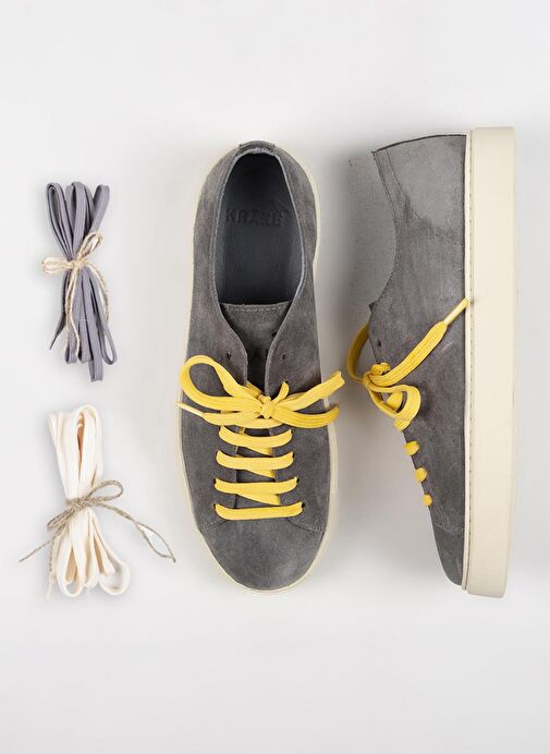 Krahe Ares Erkek Hakiki Deri El Boyamalı Bağcık Ve İki Yedek Bağcıklı Koyu Gri Sneakers - Görsel 7