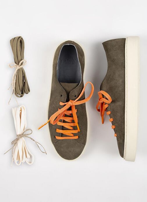 Krahe Ares Erkek Hakiki Deri El Boyamalı Bağcık Ve İki Yedek Bağcıklı Haki Sneakers - Görsel 2