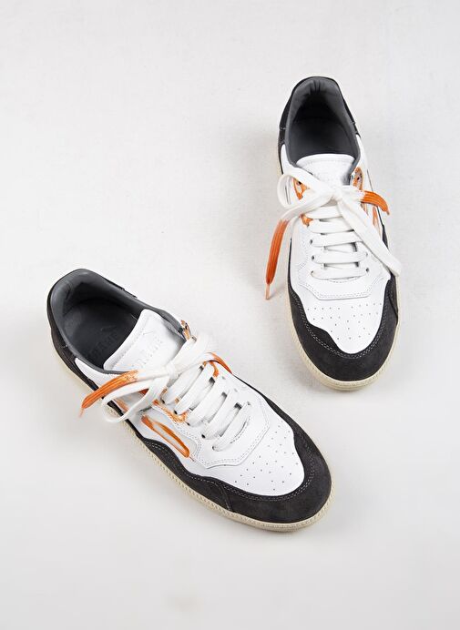 Krahe Artemis Erkek Hakiki Deri Eskitme El Boyamalı Bağcık Ve İki Yedek Bağcıklı Beyaz-Gri Sneakers - Görsel 6