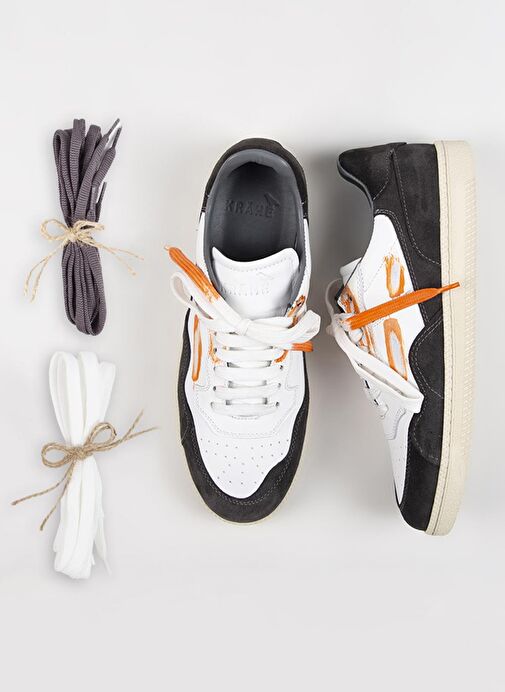 Krahe Artemis Erkek Hakiki Deri Eskitme El Boyamalı Bağcık Ve İki Yedek Bağcıklı Beyaz-Gri Sneakers - Görsel 2