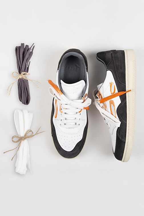 Krahe Artemis Erkek Hakiki Deri Eskitme El Boyamalı Bağcık Ve İki Yedek Bağcıklı Beyaz-Gri Sneakers - Görsel 7