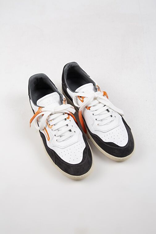 Krahe Artemis Erkek Hakiki Deri Eskitme El Boyamalı Bağcık Ve İki Yedek Bağcıklı Beyaz-Gri Sneakers - Görsel 9