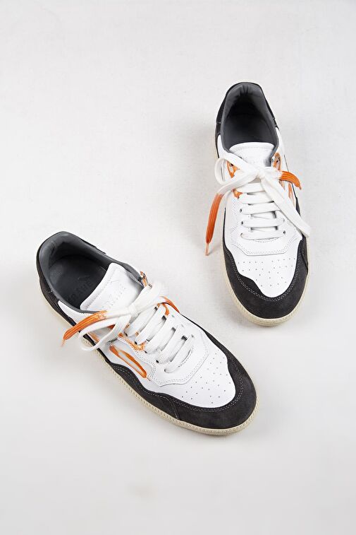 Krahe Artemis Erkek Hakiki Deri Eskitme El Boyamalı Bağcık Ve İki Yedek Bağcıklı Beyaz-Gri Sneakers - Görsel 11