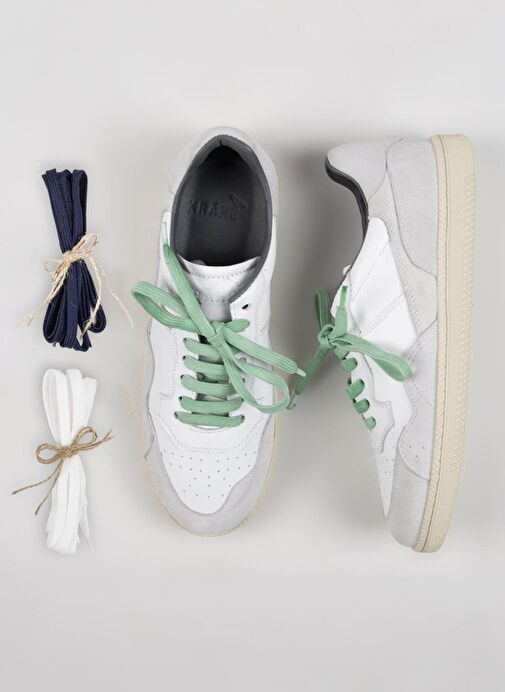 Krahe Artemis Erkek Hakiki Deri El Boyamalı Bağcık Ve İki Yedek Bağcıklı Beyaz-Beyaz Sneakers - Görsel 5