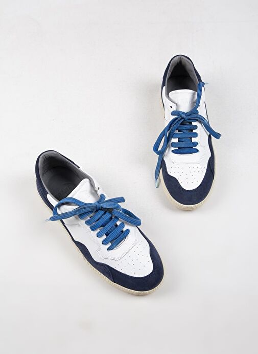 Krahe Artemis Erkek Hakiki Deri Eskitme El Boyamalı Bağcık Ve İki Yedek Bağcıklı Beyaz-Mavi Sneakers - Görsel 6