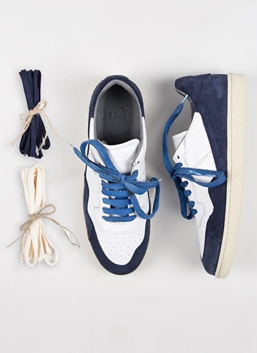 Krahe Artemis Erkek Hakiki Deri Eskitme El Boyamalı Bağcık Ve İki Yedek Bağcıklı Beyaz-Mavi Sneakers - Görsel 2