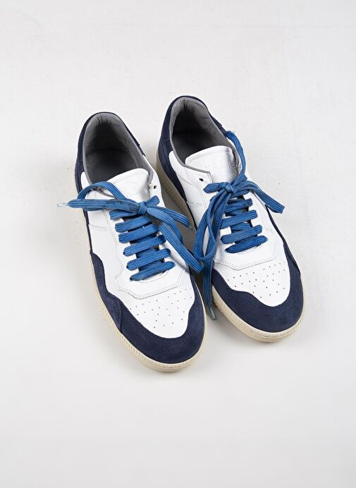 Krahe Artemis Erkek Hakiki Deri Eskitme El Boyamalı Bağcık Ve İki Yedek Bağcıklı Beyaz-Mavi Sneakers - Görsel 4
