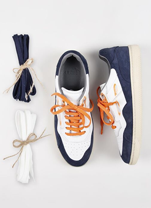 Krahe Artemis Erkek Hakiki Deri El Boyamalı Bağcık Ve İki Yedek Bağcıklı Beyaz-Açık Mavi Sneakers - Görsel 2