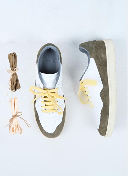 Krahe Artemis Erkek Hakiki Deri El Boyamalı Bağcık Ve İki Yedek Bağcıklı Beyaz-Haki Sneakers - Görsel 2