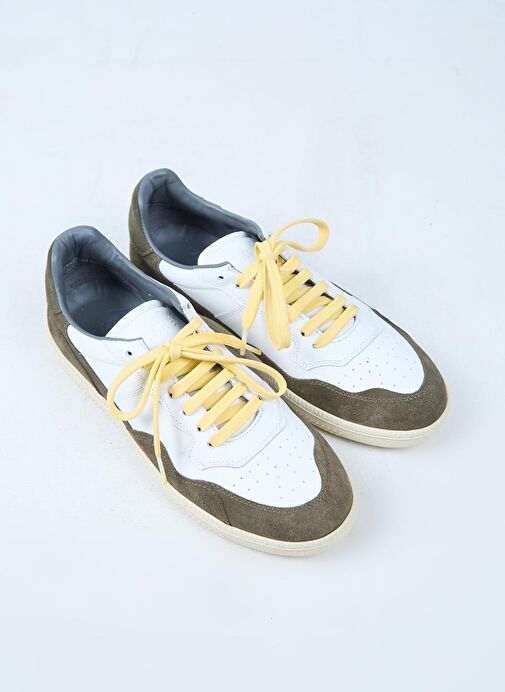 Krahe Artemis Erkek Hakiki Deri El Boyamalı Bağcık Ve İki Yedek Bağcıklı Beyaz-Haki Sneakers - Görsel 3