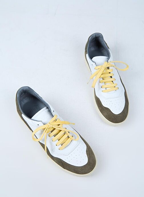 Krahe Artemis Erkek Hakiki Deri El Boyamalı Bağcık Ve İki Yedek Bağcıklı Beyaz-Haki Sneakers - Görsel 6