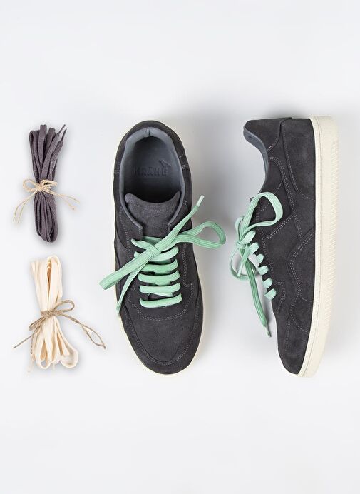 Krahe Zeus Erkek Hakiki Deri El Boyamalı Bağcık Ve İki Yedek Bağcıklı Antrasit Sneakers - Görsel 2