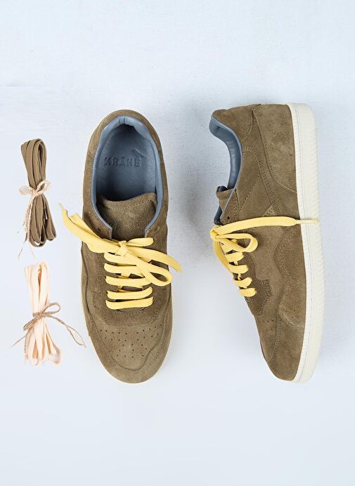 Krahe Zeus Erkek Hakiki Deri El Boyamalı Bağcık Ve İki Yedek Bağcıklı Haki Sneakers - Görsel 2