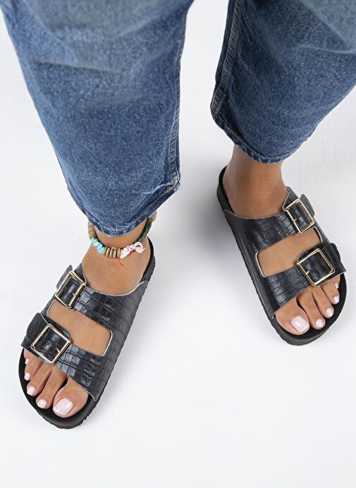 Manijero Siyah Kadın Deri Terlik MNJ.141.05 - Görsel 8