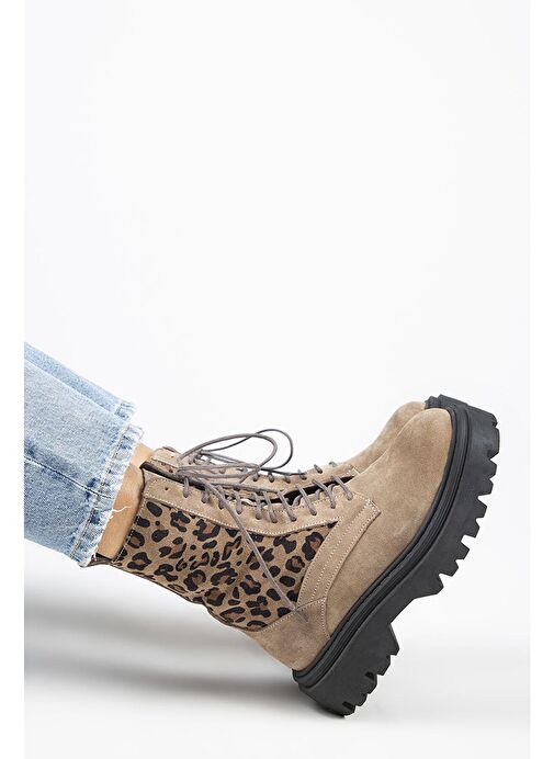 Manijero Diane Kadın Hakiki Deri Bağcıklı Vizon-Leopar Bot - Görsel 2