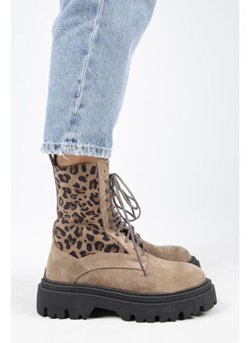 Manijero Diane Kadın Hakiki Deri Bağcıklı Vizon-Leopar Bot - Görsel 3